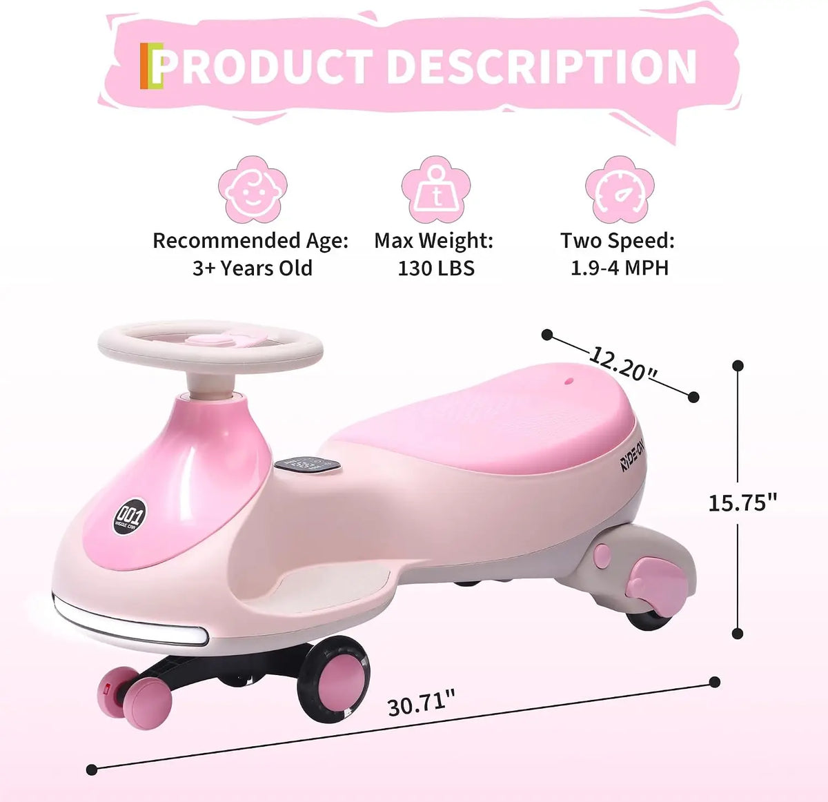 2-in-1 Electric Wiggle Car for Kids – 12V Ride-On with Pedal & Swing Modes, 360° Steering, Flashing Wheels, Music, Anti-Rollover & Rechargeable Battery, Indoor/Outdoor
