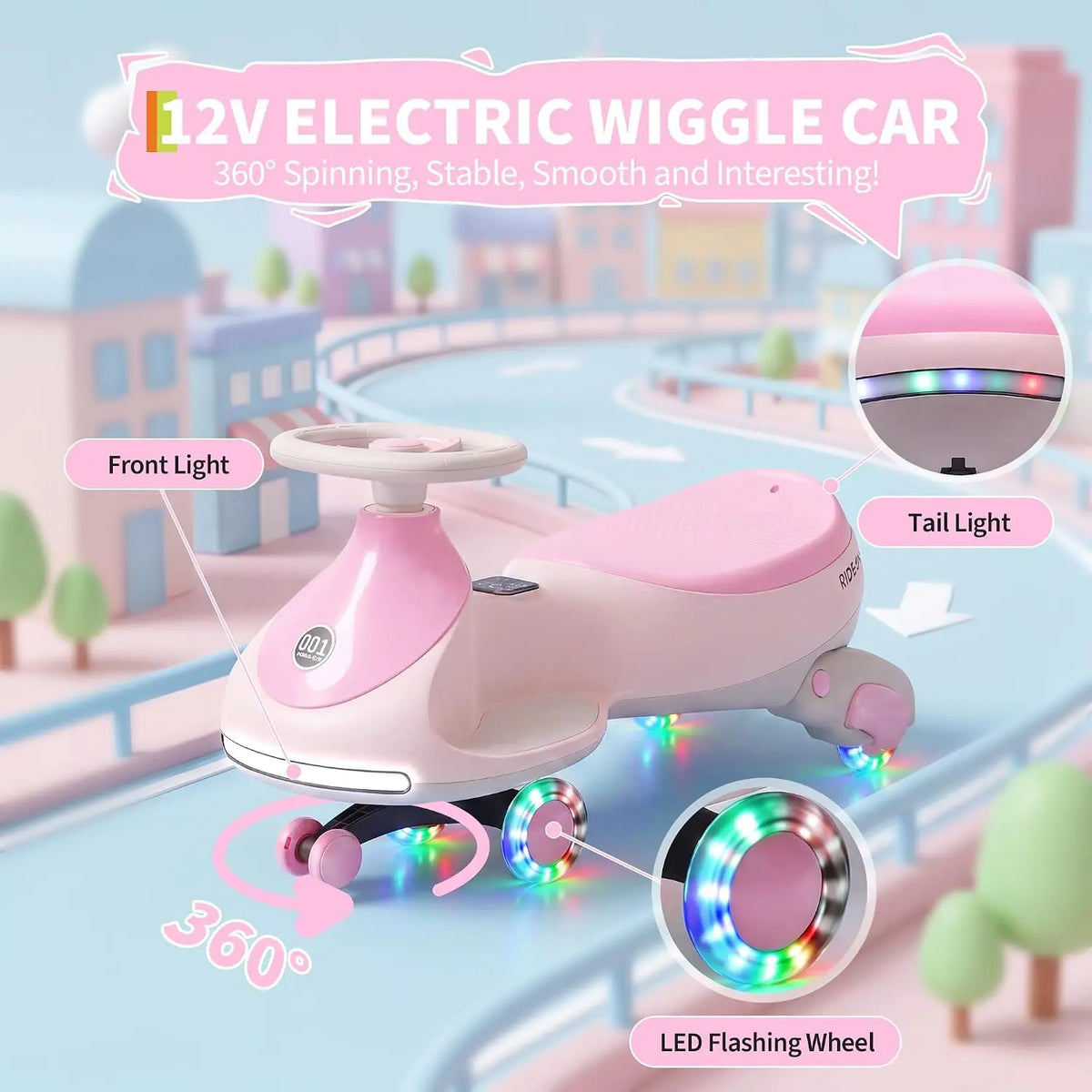 2-in-1 Electric Wiggle Car for Kids – 12V Ride-On with Pedal & Swing Modes, 360° Steering, Flashing Wheels, Music, Anti-Rollover & Rechargeable Battery, Indoor/Outdoor