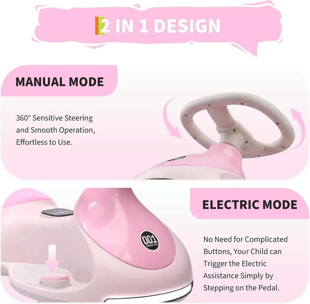 2-in-1 Electric Wiggle Car for Kids – 12V Ride-On with Pedal & Swing Modes, 360° Steering, Flashing Wheels, Music, Anti-Rollover & Rechargeable Battery, Indoor/Outdoor