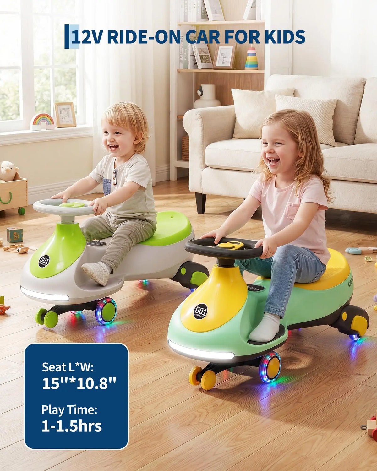 12V 2-in-1 Ride On Electric Wiggle Car for Kids -- Pedal & Swing Modes -- 360° Steering, Flashing Wheels, Music, Anti-Rollover, Rechargeable, High Weight Capacity -- Indoor Outdoor