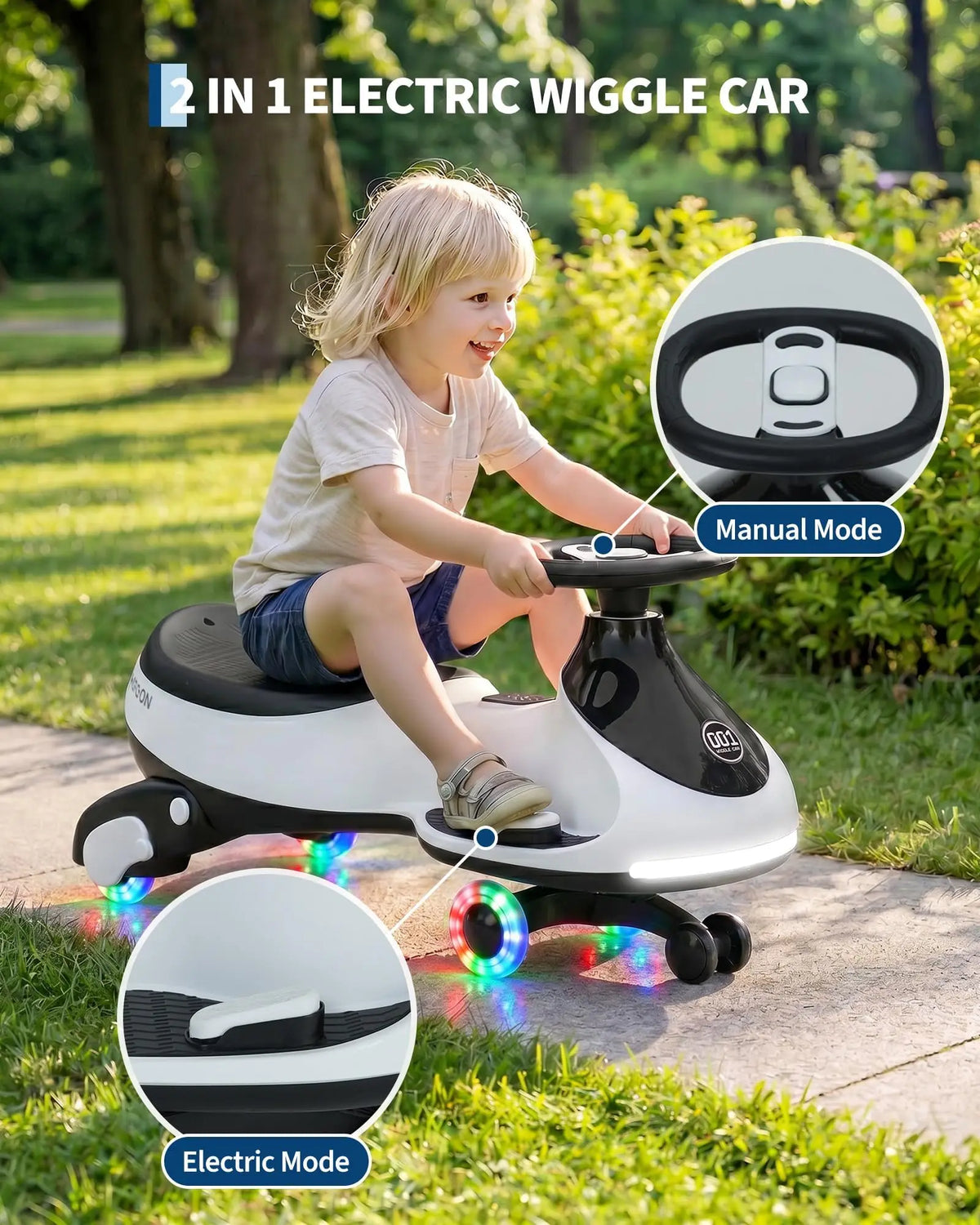 12V 2-in-1 Ride On Electric Wiggle Car for Kids -- Pedal & Swing Modes -- 360° Steering, Flashing Wheels, Music, Anti-Rollover, Rechargeable, High Weight Capacity -- Indoor Outdoor