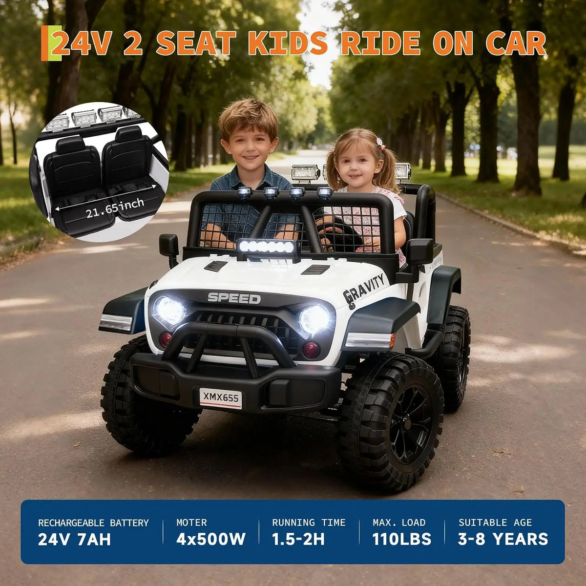Tacleekii 24V Electric Car for Kids 2-Seater Electric Ride-On Truck 4WD, Dual Motors Parent Remote LED Headlights & Music Player Outdoor All-Terrain Vehicle
