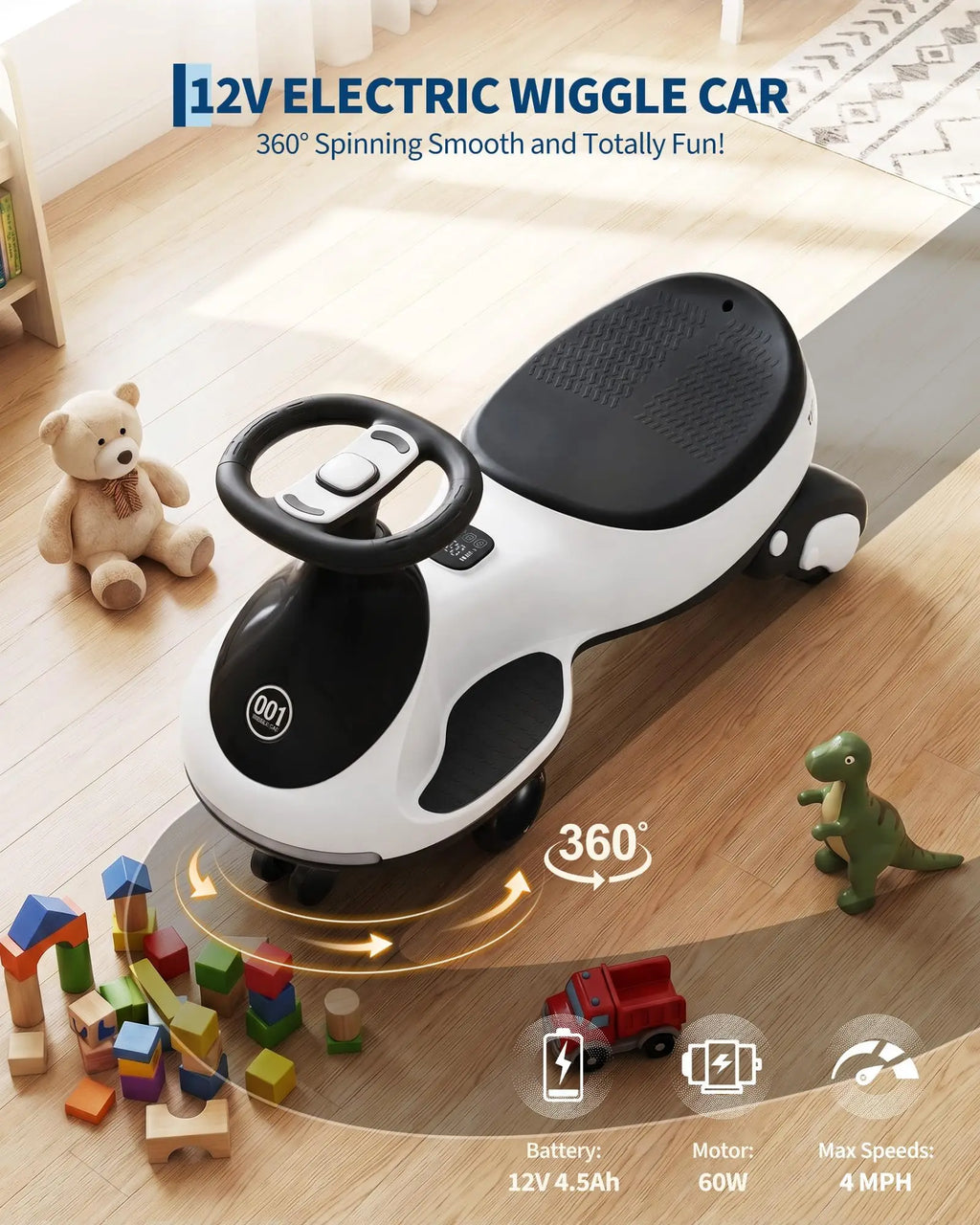 12V 2-in-1 Ride On Electric Wiggle Car for Kids -- Pedal & Swing Modes -- 360° Steering, Flashing Wheels, Music, Anti-Rollover, Rechargeable, High Weight Capacity -- Indoor Outdoor