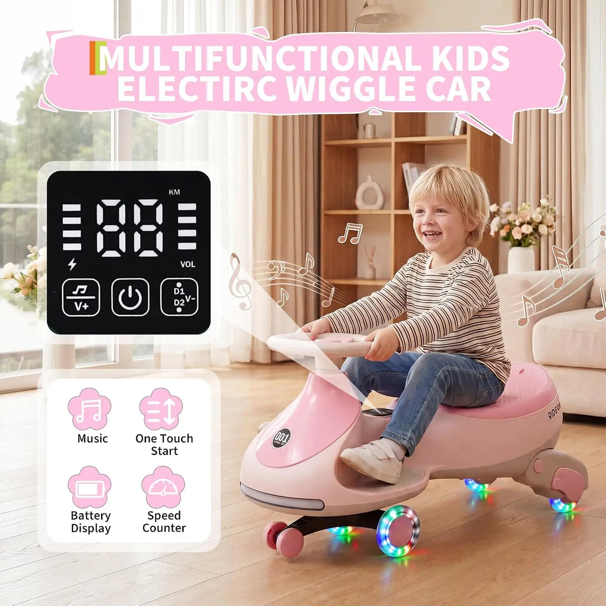 2-in-1 Electric Wiggle Car for Kids – 12V Ride-On with Pedal & Swing Modes, 360° Steering, Flashing Wheels, Music, Anti-Rollover & Rechargeable Battery, Indoor/Outdoor