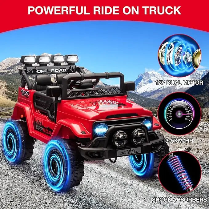 Ride On Truck Car for Kids, 12V Electric Ride On Car with Remote Control, Spring Suspension, Led Lights, Bluetooth, Music & Horn, 3 Speeds