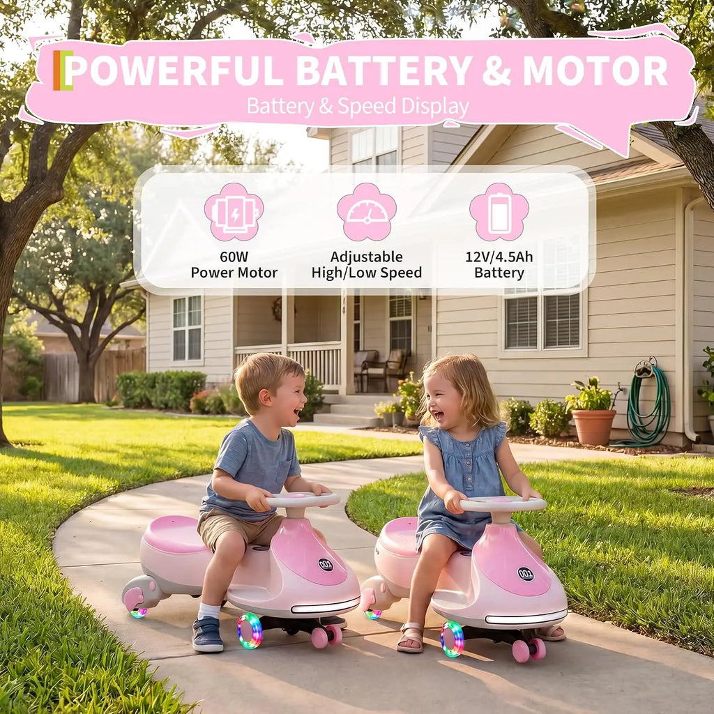 2-in-1 Electric Wiggle Car for Kids – 12V Ride-On with Pedal & Swing Modes, 360° Steering, Flashing Wheels, Music, Anti-Rollover & Rechargeable Battery, Indoor/Outdoor
