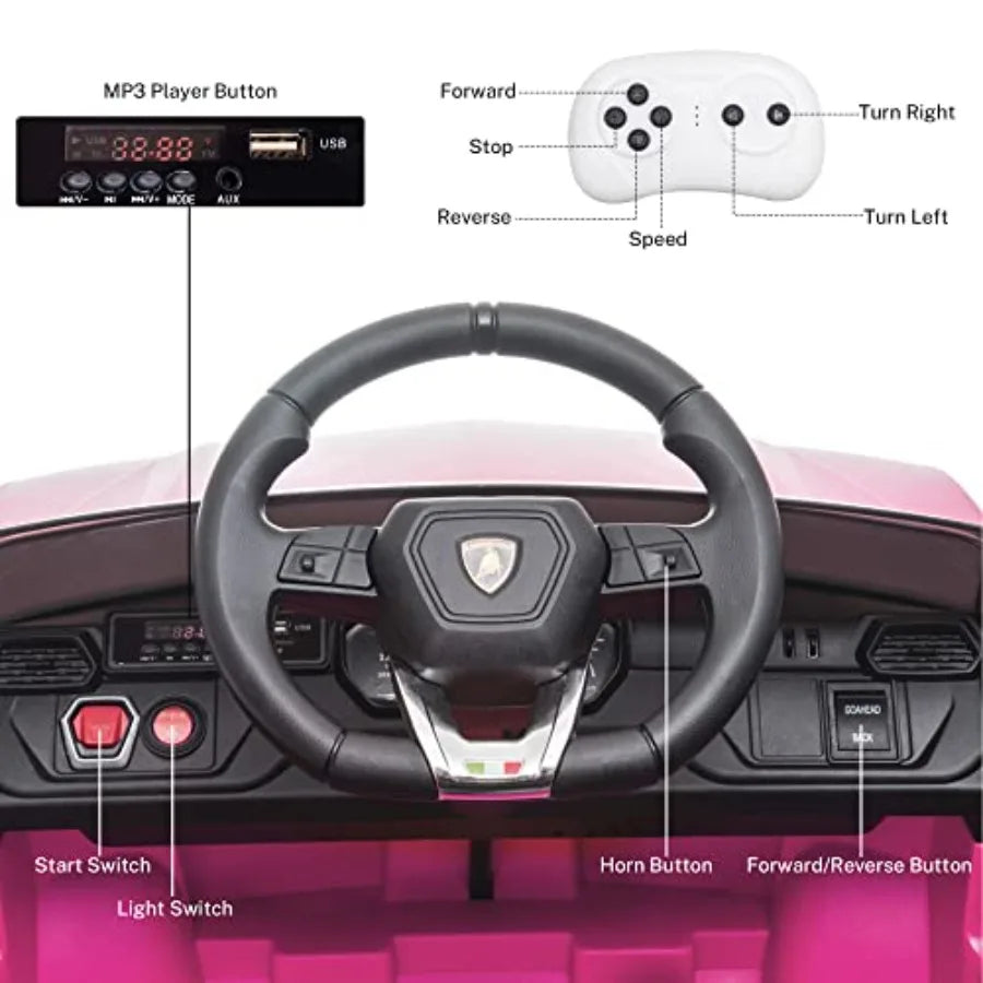 Electric Ride On Car for 12V Pink Licenced Lamborghini with Remote Control AUX Spring Suspension Music LED Lights USB Port Foot